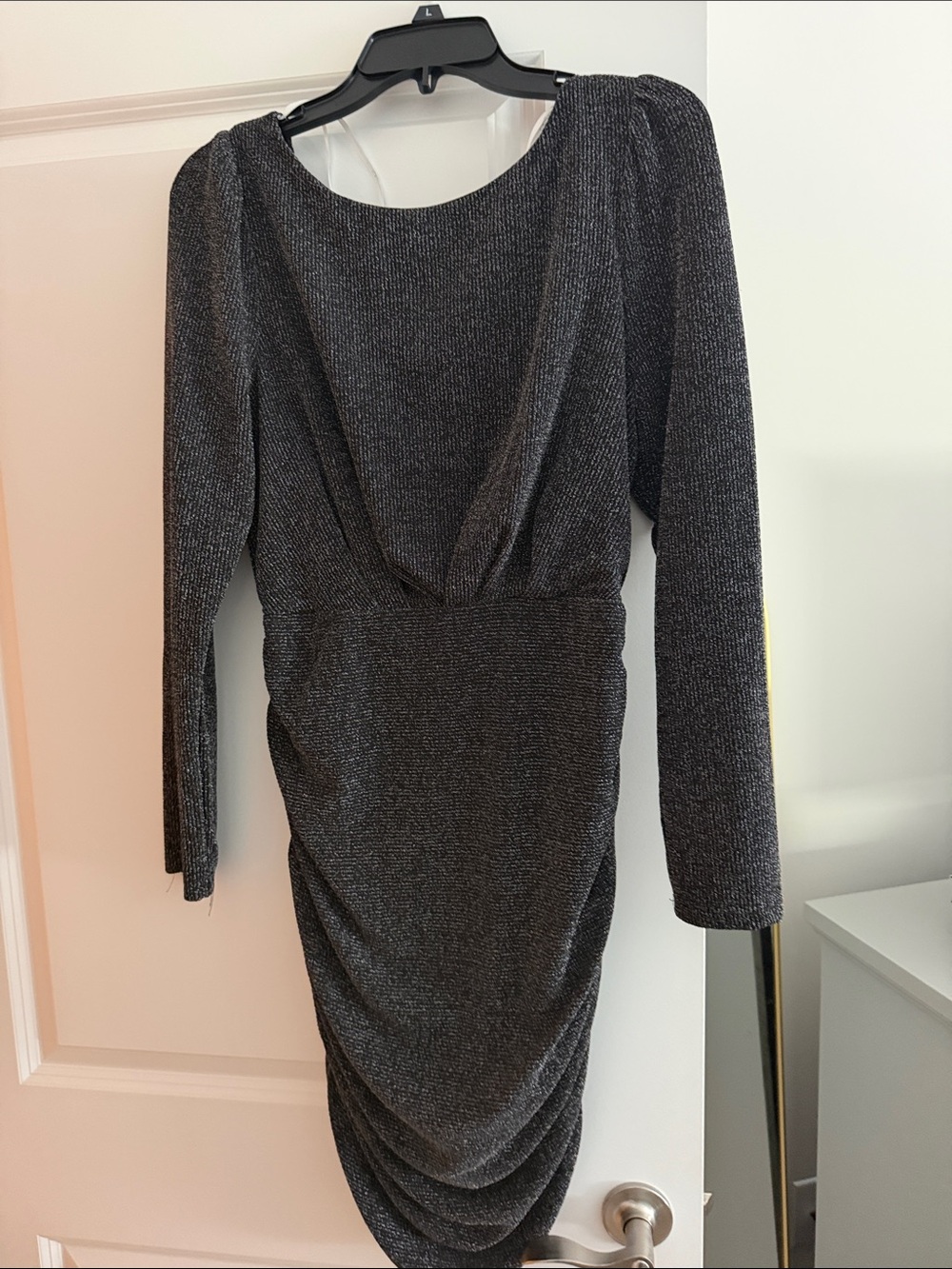 Lulu's Metallic Charcoal Long-Sleeve Draped Midi Dress